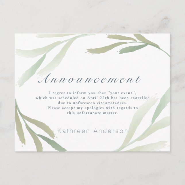 Airy Greenery Cancellation Announcement Postcard (Front)