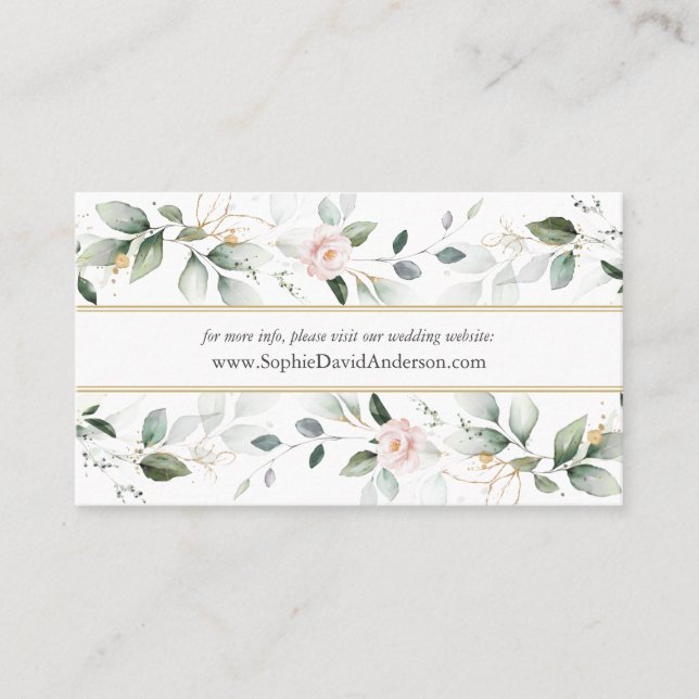 Airy Greenery Floral Gold Wedding Website  Business Card (Front)