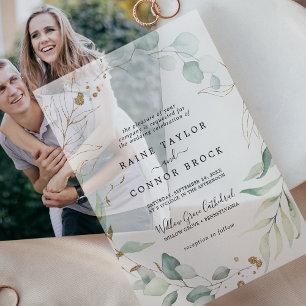 Airy Greenery Gold Leaf Botanical Modern Wedding Vellum Invitations
