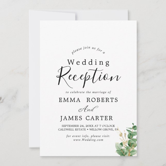Airy Greenery & Gold Leaf Wedding Reception  Invitation (Front)