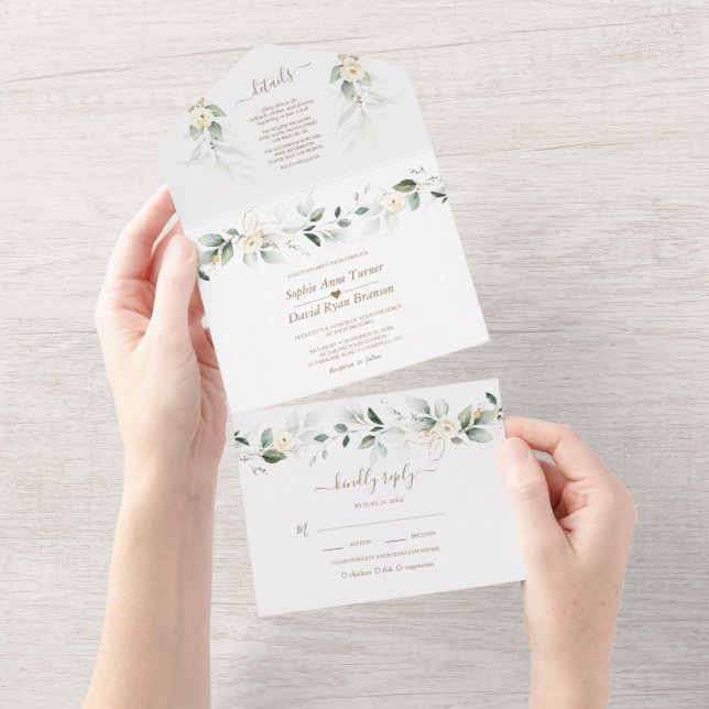 Airy Greenery Gold White Floral Wedding  All In One Invitation (Tearaway)