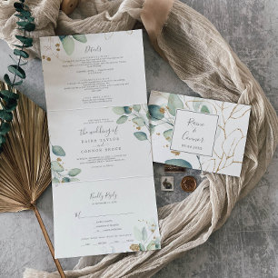 Airy Greenery Leaf Back Wedding All In One Tri-Fold Invitation