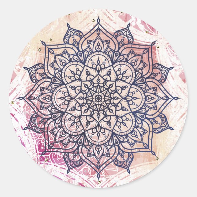 Airy Mandala Happy Pink Purple Yellow Blue & Gold Classic Round Sticker (Front)