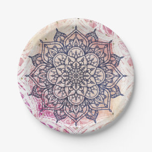 Airy Mandala Happy Pink Purple Yellow Blue & Gold Paper Plate