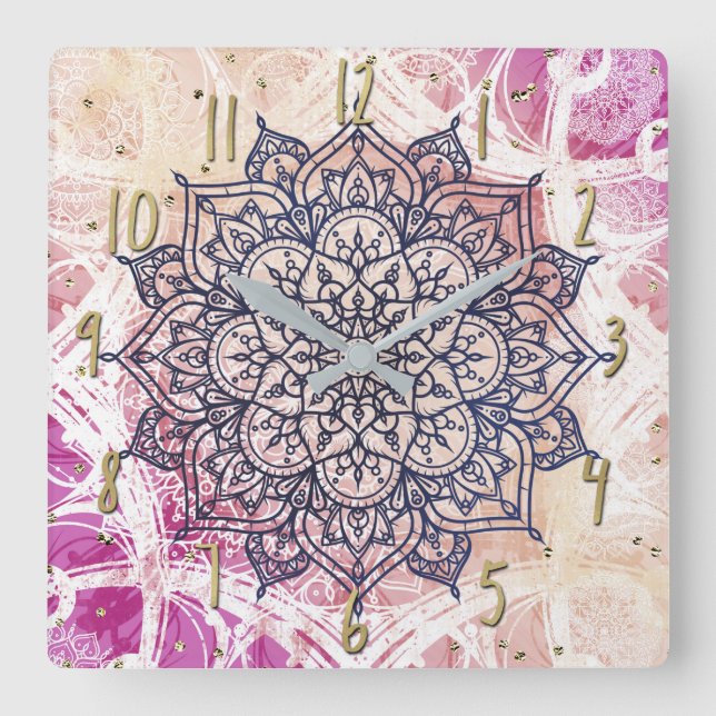 Airy Mandala Happy Pink Purple Yellow Blue & Gold Square Wall Clock (Front)