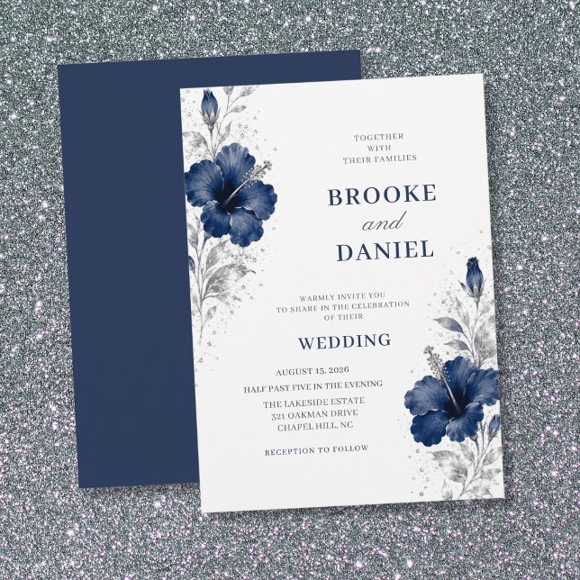 Airy Navy Hibiscus Silver Sparkle Wedding Invitation (Creator Uploaded)