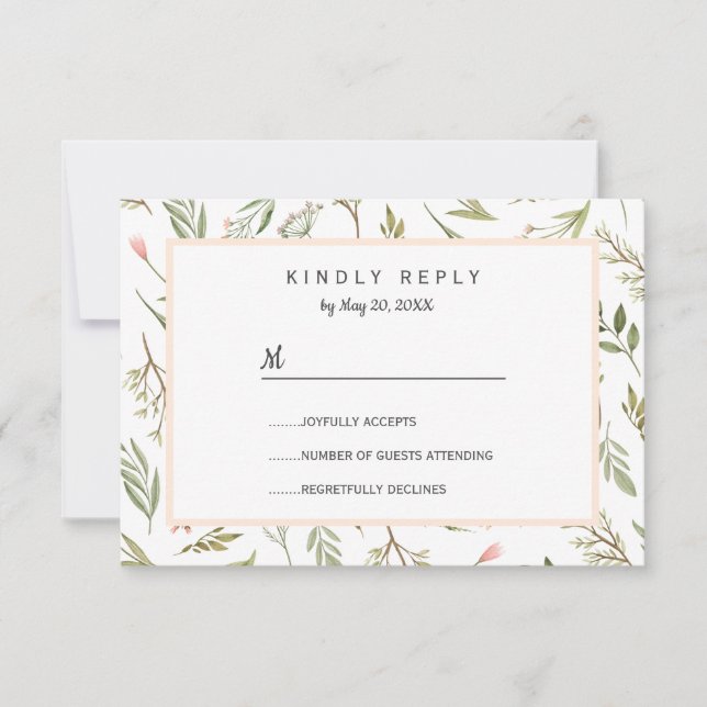Airy pink meadow botanical flowers Wedding RSVP (Front)