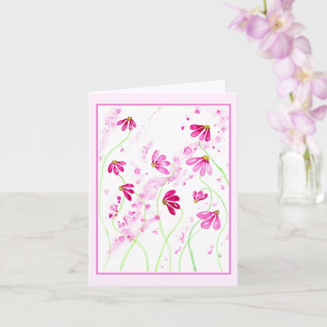 Airy Pink-Red Flowers Watercolor Art Card (Orchid)