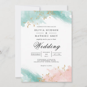 Airy Teal Coral Flourish Wedding Invitation