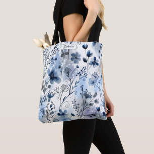 Airy Watercolor Blue Floral Everyday Personalized Tote Bag