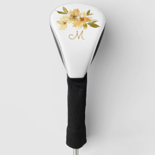 Airy Watercolor Yellow and Copper Floral Monogram Golf Head Cover