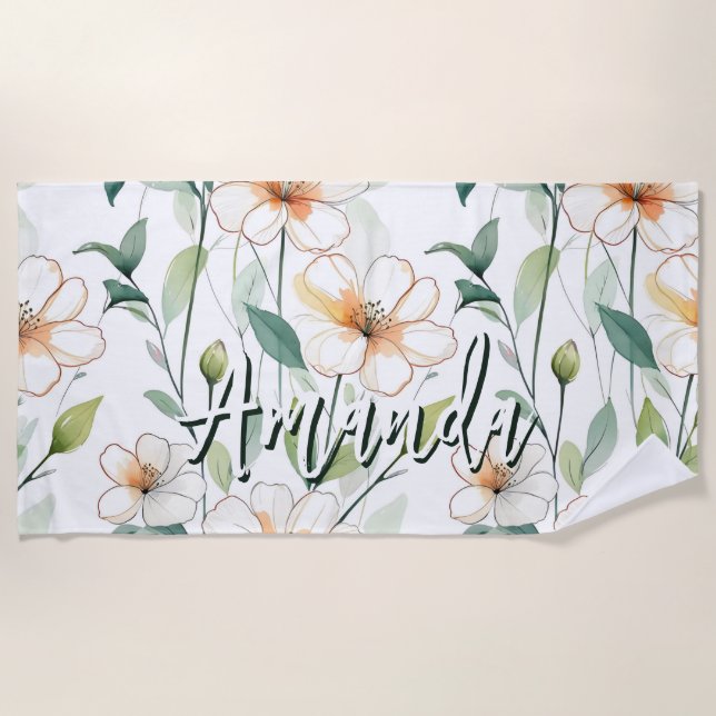 Airy White Flowers Greenery Pattern Blossom Floral Beach Towel (Front)