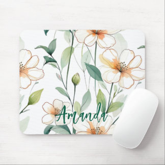 Airy White Flowers Greenery Pattern Blossom Floral Mouse Pad