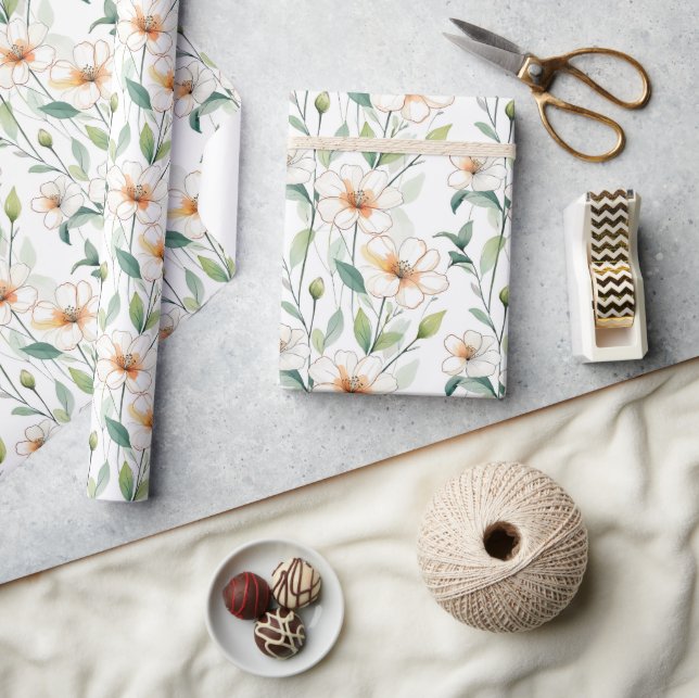 Airy White Flowers Pattern Spring Floral Meadow  Wrapping Paper (Crafts)