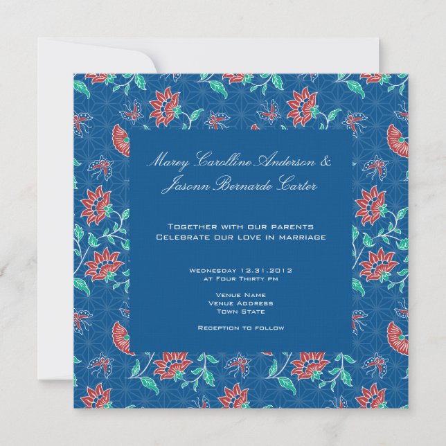 Aiyana Floral Batik Square Wedding Invitation 3 (Front)