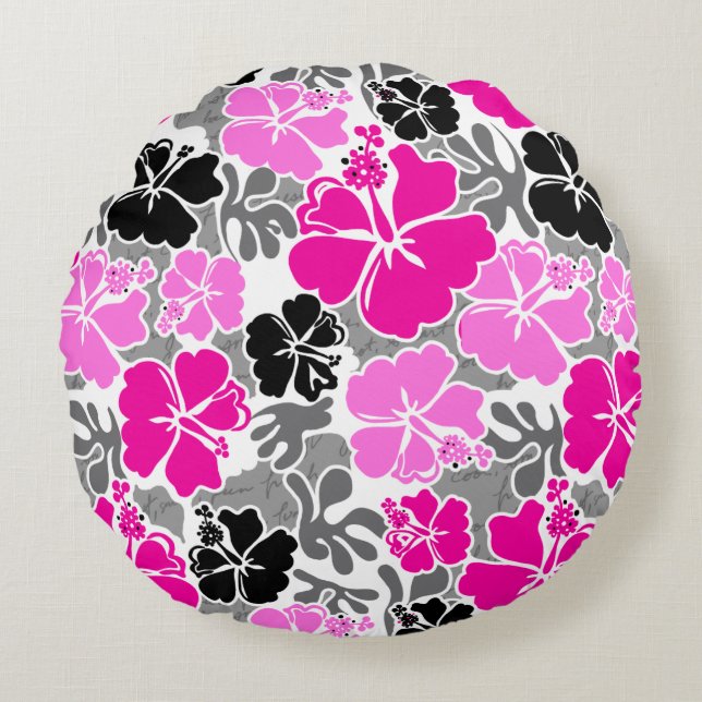 Akahai Hawaiian Hibiscus Tropical Floral Round Cushion (Front)