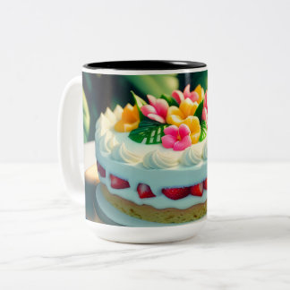 ake with flowers and fruit on the top and a flower Two-Tone coffee mug