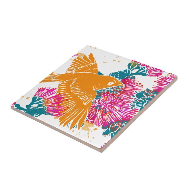 Akepa and Lehua Hawaiian pattern decor Pillow Tile (Side)