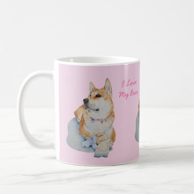 akita and teddy bear portrait original realist art coffee mug (Left)