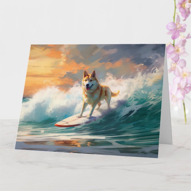 Akita Beach Surfing Painting Card (Orchid)