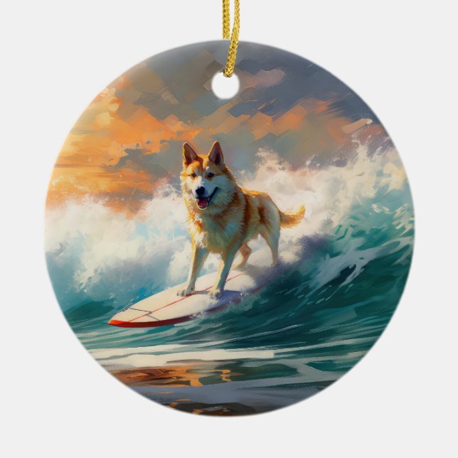 Akita Beach Surfing Painting Ceramic Tree Decoration (Front)