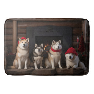 Akita by the Fireplace Christmas Bath Mat