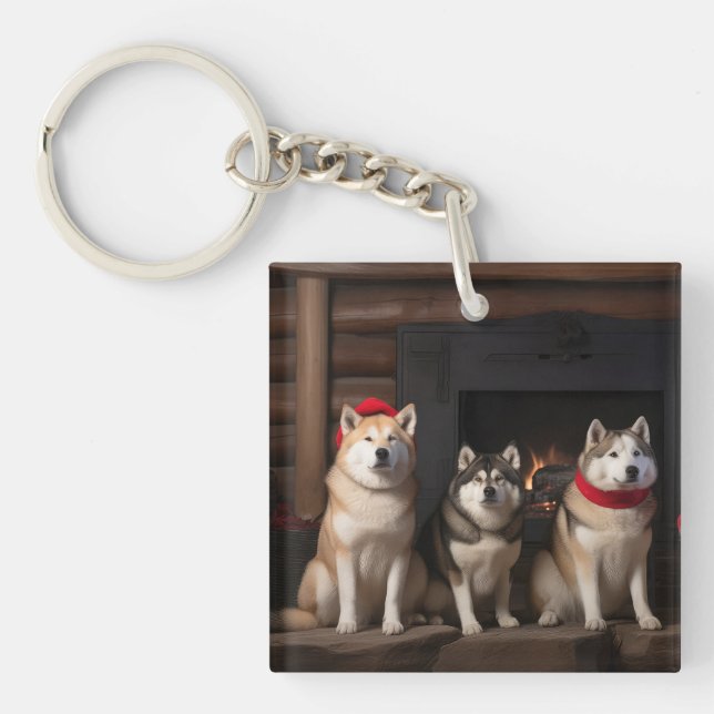 Akita by the Fireplace Christmas  Key Ring (Front)