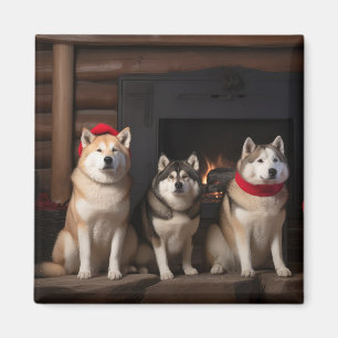 Akita by the Fireplace Christmas Magnet