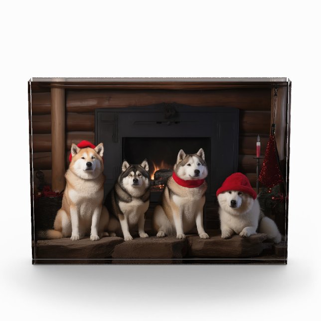 Akita by the Fireplace Christmas  Photo Block (Front)
