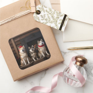 Akita by the Fireplace Christmas Square Sticker