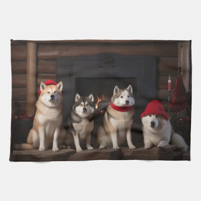 Akita by the Fireplace Christmas  Tea Towel (Horizontal)