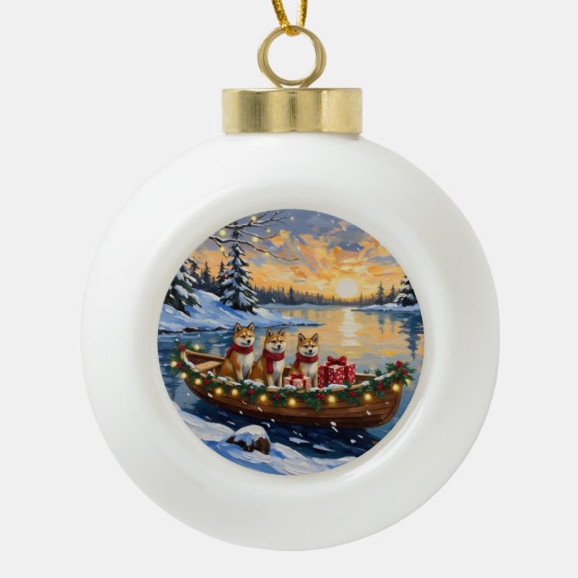 Akita Christmas Boat Holiday Ceramic Ball Christmas Ornament (Front)