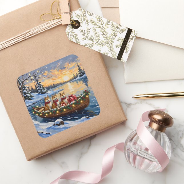 Akita Christmas Boat Holiday Square Sticker (Gifting)