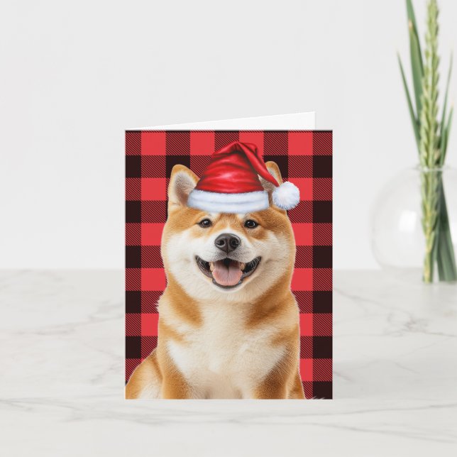 Akita Christmas Dog Red Buffalo Plaid Christmas Holiday Card (Front)