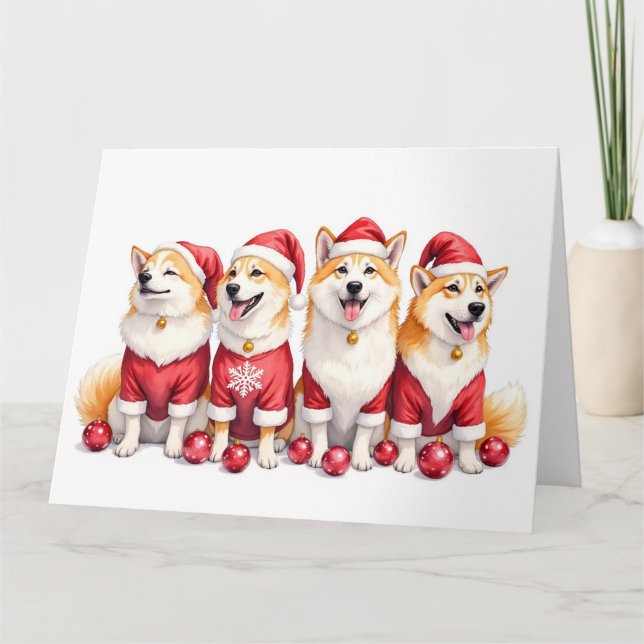 Akita Christmas Dress Santa Hat Card (Front)