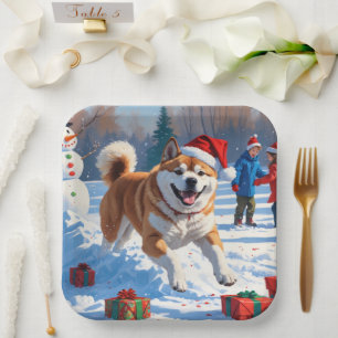 Akita Christmas Festive Snow Scene  Paper Plate