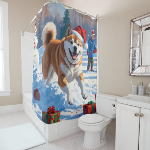 Akita Christmas Festive Snow Scene  Shower Curtain