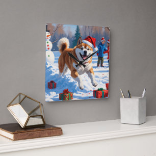Akita Christmas Festive Snow Scene Square Wall Clock