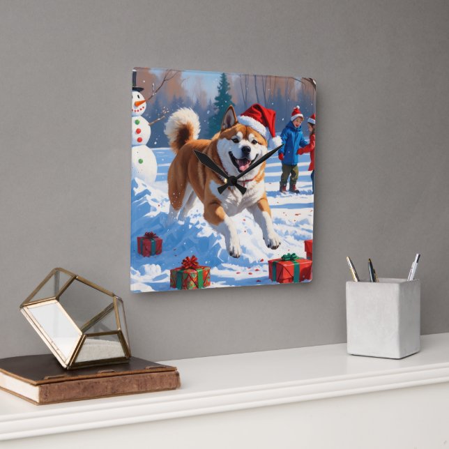 Akita Christmas Festive Snow Scene  Square Wall Clock (Office)