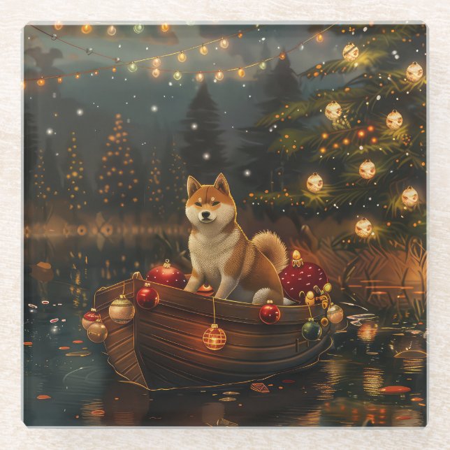 Akita Christmas Festive Voyage Glass Coaster (Front)