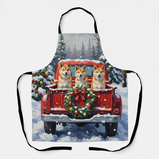 Akita Christmas Red Truck Holiday Apron (Front)