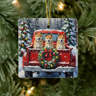 Akita Christmas Red Truck Holiday Ceramic Ornament