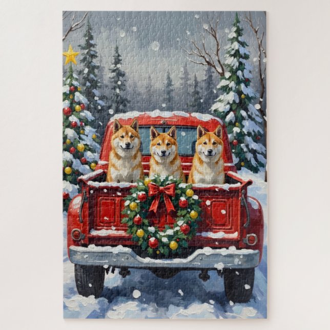 Akita Christmas Red Truck Holiday Jigsaw Puzzle (Vertical)