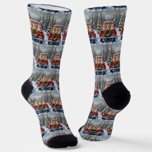 Akita Christmas Red Truck Holiday Socks