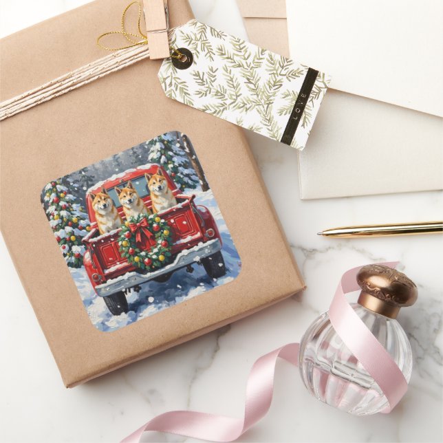 Akita Christmas Red Truck Holiday Square Sticker (Gifting)