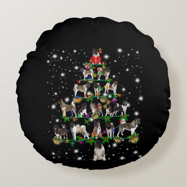 Akita Christmas Tree Covered By Flashli Round Cushion (Front)