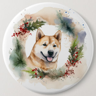 Akita Christmas Wreath Festive Pup 6 Cm Round Badge