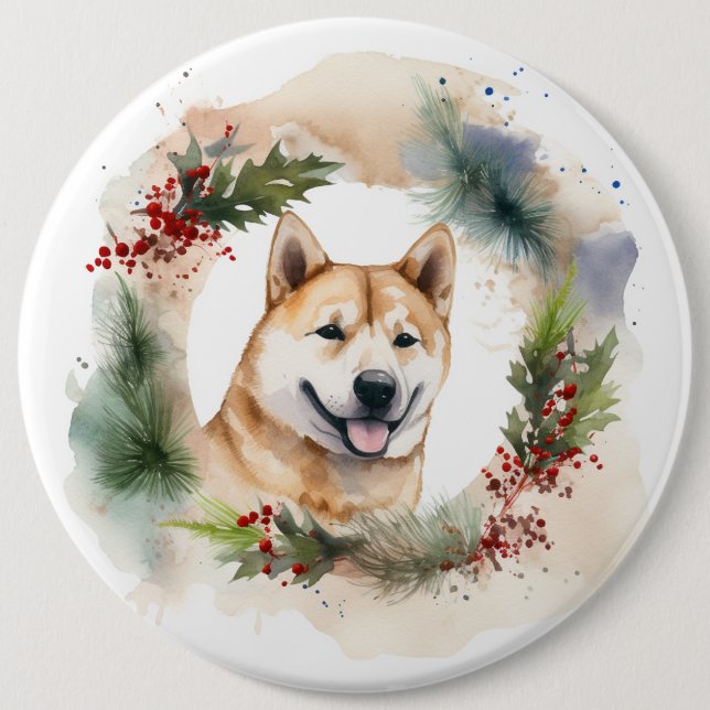 Akita Christmas Wreath Festive Pup 6 Cm Round Badge (Front)