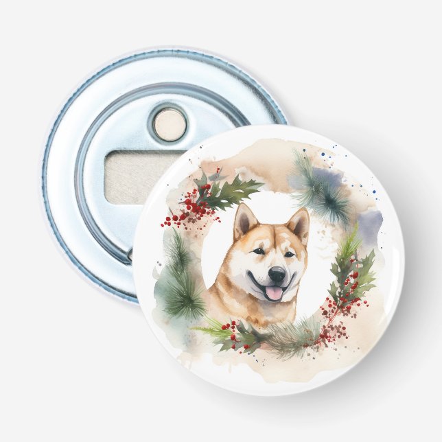 Akita Christmas Wreath Festive Pup Bottle Opener (Front)