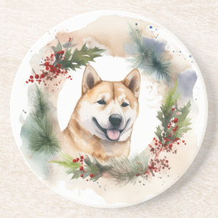 Akita Christmas Wreath Festive Pup Coaster